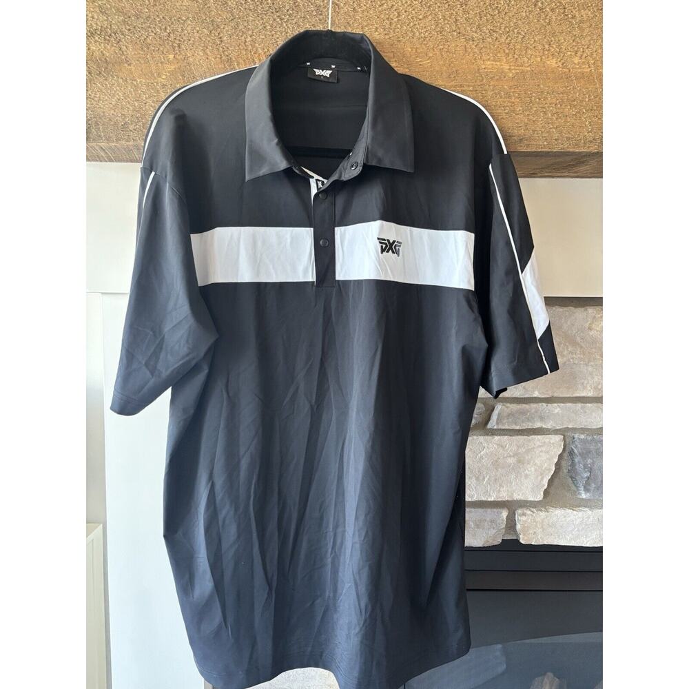 PXG Polo Shirt Mens Large Black White Performance Stretch Laser Cut Golf Preppy - Picture 1 of 9